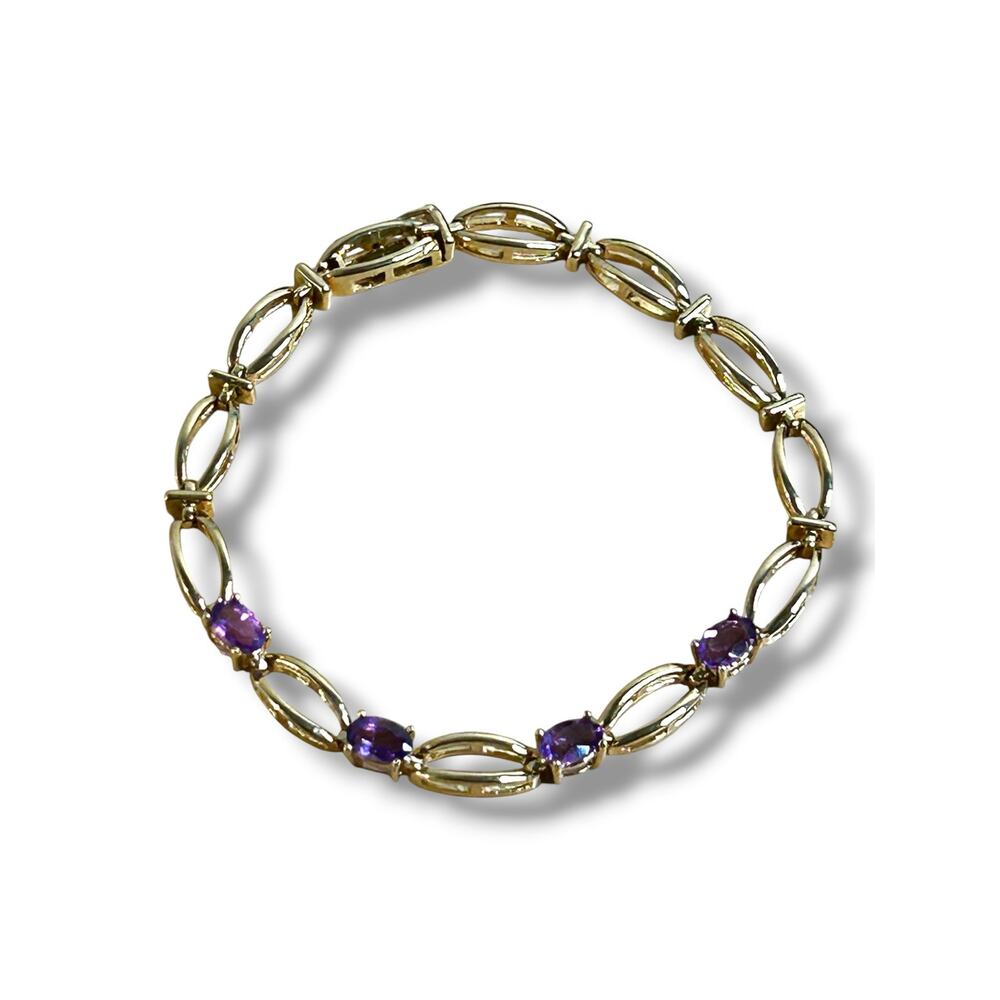 Gold Tone Purple Accents Link Tennis Bracelet Box Lock Clasp 7 1/2 Inches
